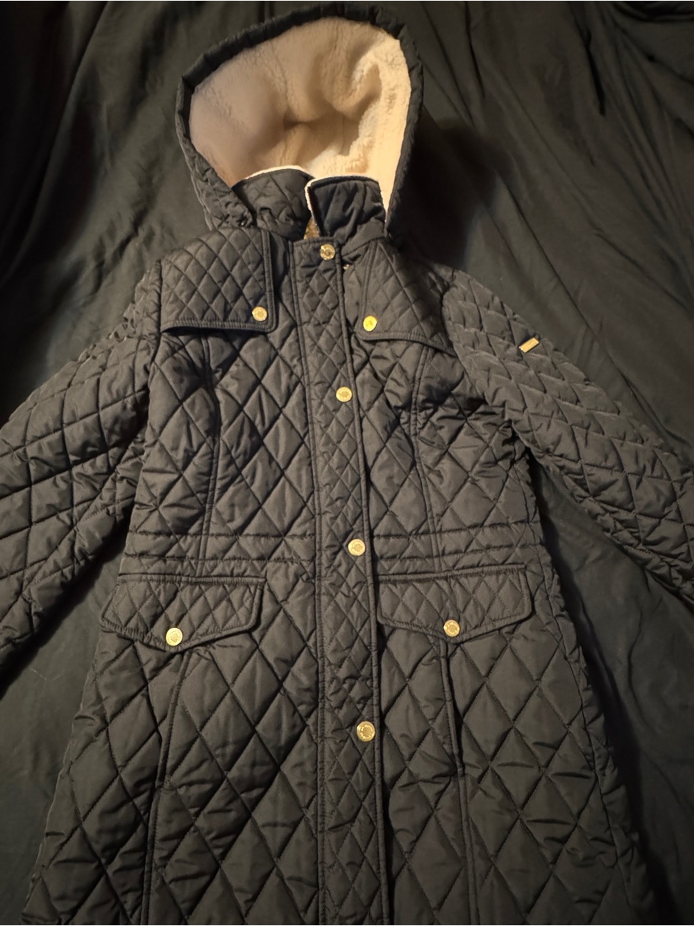 Laundry By Shelli Segal Black Quilted Hooded Puffer Coat with Sherpa Lining